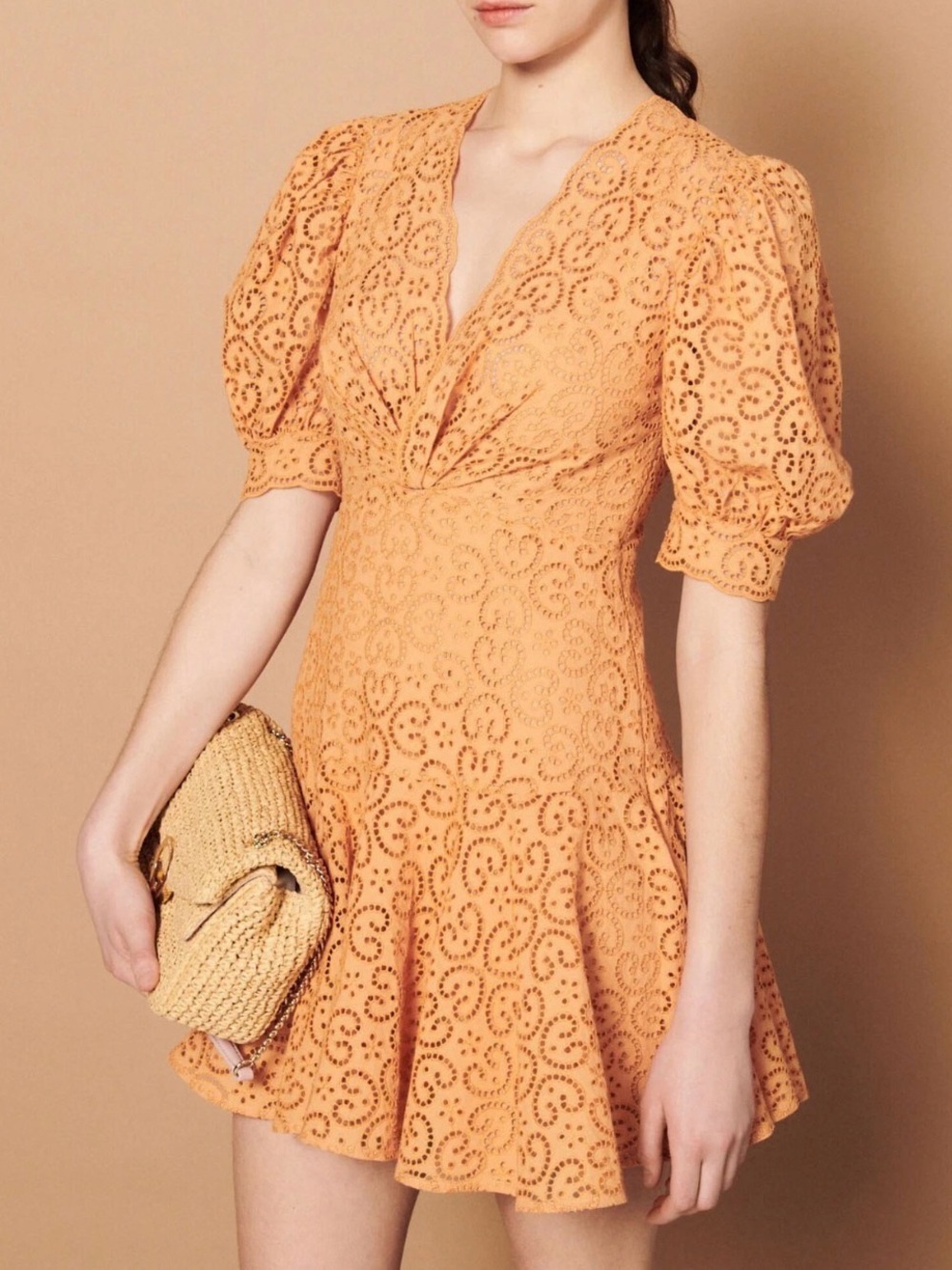Sandro Peach Eyelet Puff-Sleeve Mini Dress